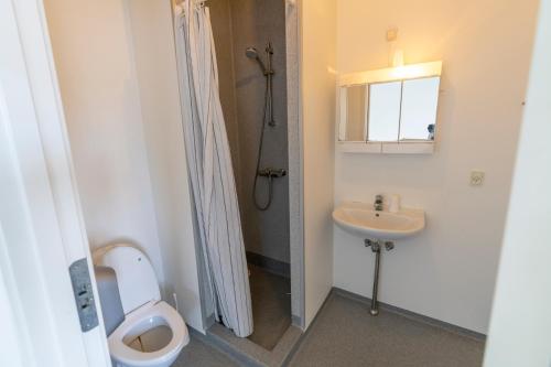 a bathroom with a toilet and a sink at Hotel Postgaarden in Skælskør
