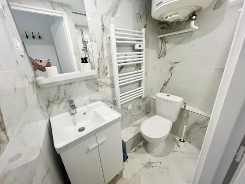 une salle de bain blanche avec des toilettes et un lavabo dans l'établissement Studio Moderne Rénové avec balcon, à Nice