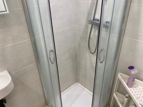 a shower with a glass door in a bathroom at Not Very Quiet But Best location in London