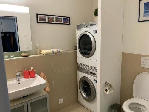 a bathroom with a washing machine and a sink at Private Room - Amazing Lake View in Rorschach