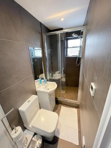 a bathroom with a toilet and a sink and a shower at Maids Guest Rooms in Kew