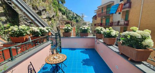 een balkon met potplanten en een zwembad bij La Maison Rose in Maiori