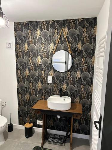 une salle de bain avec un lavabo et un miroir sur un mur dans l'établissement Maisonnette Saint Marcel Le petit Pitolat, à Saint-Marcel