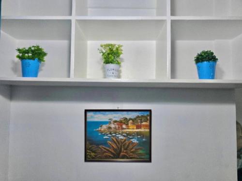 a shelf with three blue potted plants on it at Serenity Acqua Inn Beside Enchanted Kingdom in Santa Rosa