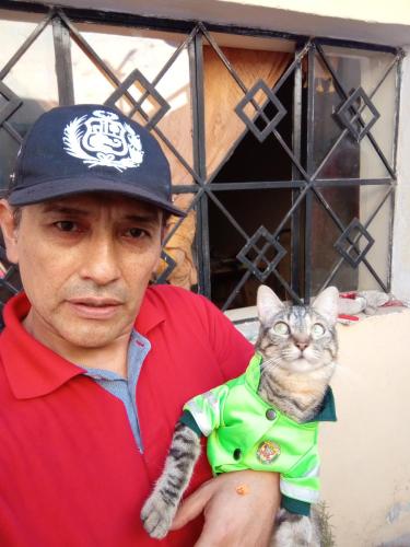 a man holding a cat in a green shirt at JP - La casa della Nonna in Nazca