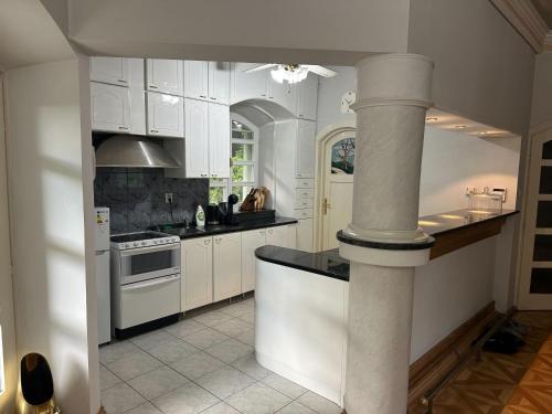 a kitchen with white cabinets and a stove top oven at Elite House in Palić