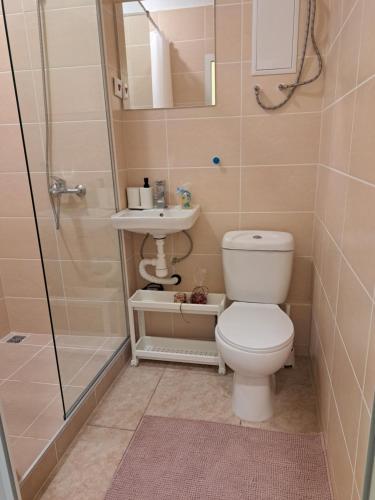 y baño con aseo, lavabo y ducha. en Royal Ruse Centre, en Ruse