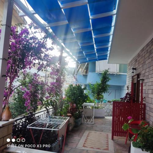 a patio with plants and a blue ceiling at Apartment Rina in Sarandë