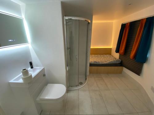 een kleine badkamer met een douche en een toilet bij Not Very Quiet But Best Location in Londen