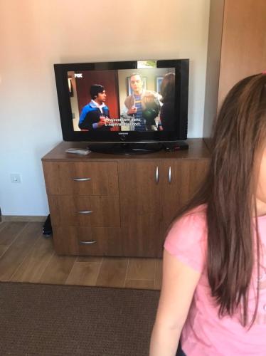 Eine Frau steht vor einem Fernseher in der Unterkunft Studio Verica in Vrnjačka Banja