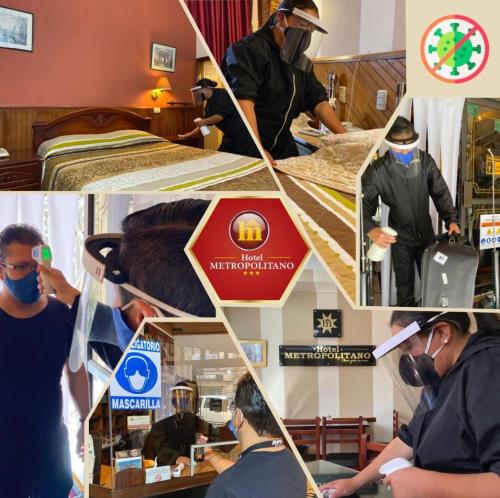 a collage of photos of people working in a room at Hotel Metropolitano in Loja