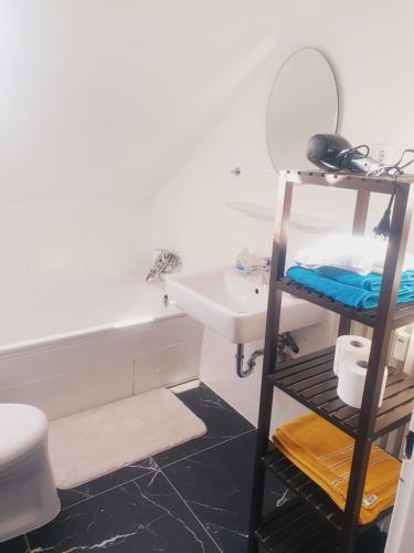 a bathroom with a sink and a toilet and a mirror at Ferienwohnung Haßberge in Knetzgau