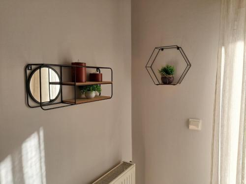 a room with two shelves with potted plants on the wall at M home place in Palio Limani