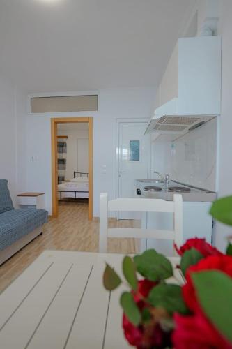 a living room with a table and a kitchen at Eduard Lagji Apartament in Lukovë