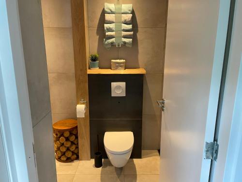 a small bathroom with a toilet and some towels at Landelijk Hijken in Hijken
