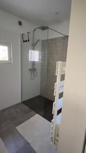 La salle de bains est pourvue d'une douche avec une échelle. dans l'établissement Magnifique Villa Moderne Avec Piscine, à La Gaude
