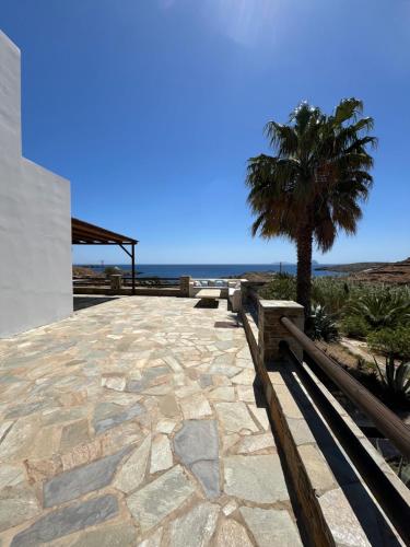 a stone patio with a palm tree and the ocean at SerenSea Bliss, Naousa, Kythnos in Kithnos