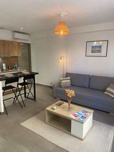 un salon avec un canapé bleu et une table dans l'établissement Studio confortable - Parking inclus - proche mer Juan-les-Pins, à Antibes