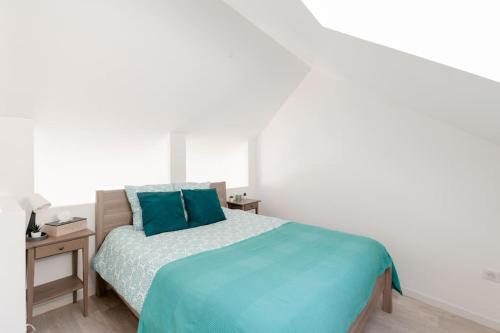 a bedroom with a bed with blue pillows on it at La Bulle spa barbecue netflix - Paris Orly in Sainte-Geneviève-des-Bois