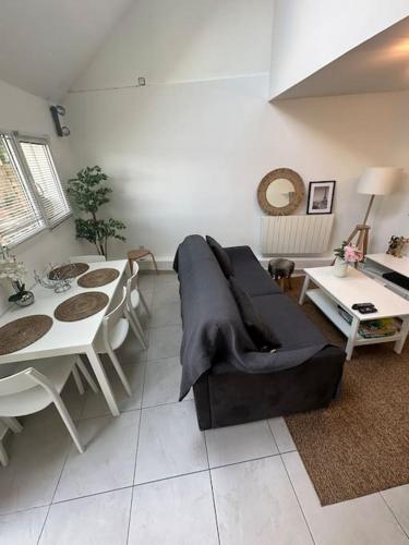 un salon avec un canapé et une table dans l'établissement La Bulle spa barbecue netflix - Paris Orly, à Sainte-Geneviève-des-Bois