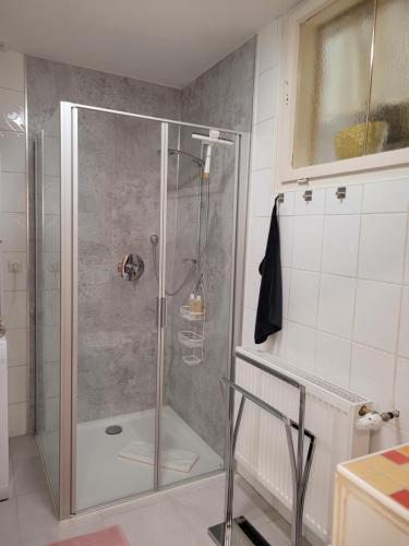 una ducha con puerta de cristal en un baño en Ickes Ferienwohnung, en Volkach