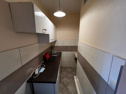 a small kitchen with white cabinets and a sink at Domki-Apartamenty HALS in Władysławowo