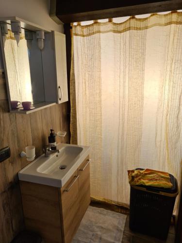 ein Bad mit einem Waschbecken und einem Duschvorhang in der Unterkunft Holiday House Giorgia in Terrasini