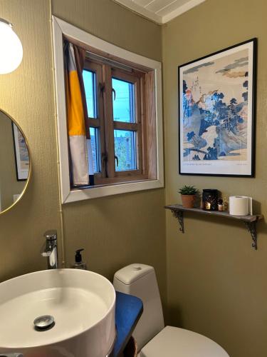 a bathroom with a sink and a toilet and a window at Sveggvika Atlantic Home in Averoy