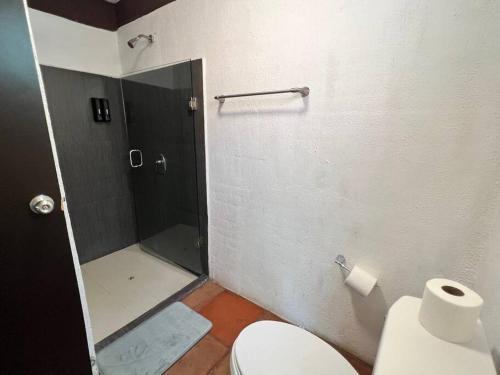 a bathroom with a shower with a toilet and a glass door at Chalet privado en el bosque con Jacuzzi de Madera Huasca Retreats in Huasca de Ocampo