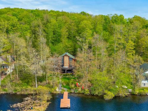 an aerial view of a log cabin on a lake at Lakefront, Dock, Hottub, Pooltable, Kayaks, 75"tv in Lake Ariel
