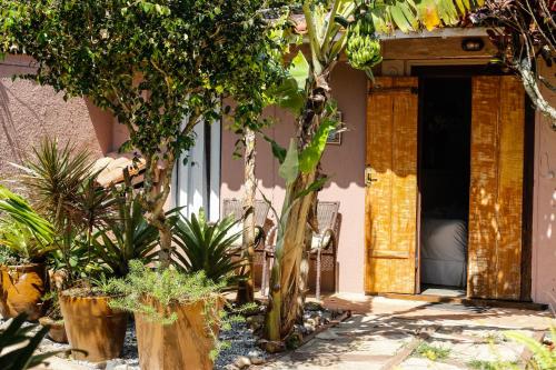 eine offene Tür eines Hauses mit Bäumen und Pflanzen in der Unterkunft Pousada Blanca Inn in Búzios