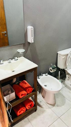 a bathroom with a sink and a toilet and a mirror at DEPTO SOFIA in Junín