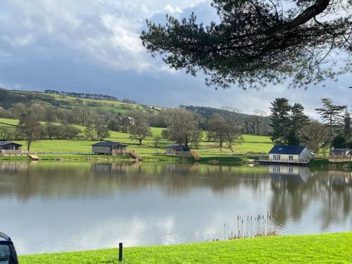 a view of a lake with houses and trees at Luxurious and Peaceful Lakeside House, Clitheroe in Clitheroe