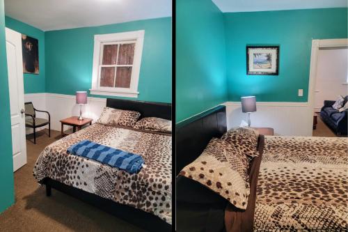 two pictures of a bedroom with a bed and a living room at Yonkers Luxury Studio in Yonkers