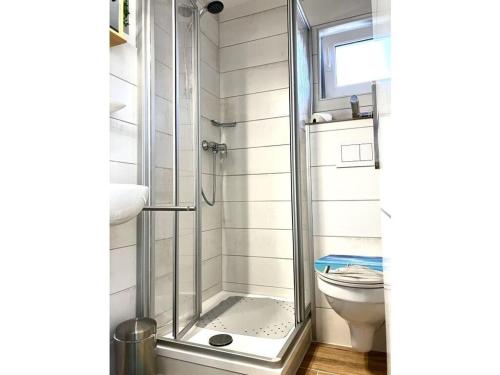 a bathroom with a shower and a toilet at Amazing apartment in Templin in Templin