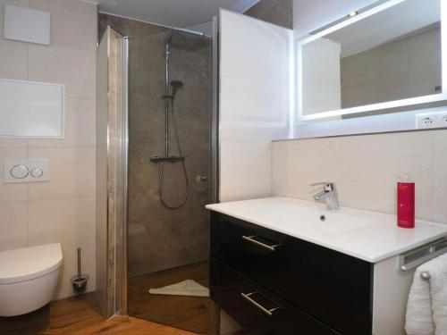 La salle de bains est pourvue d'une douche, d'un lavabo et de toilettes. dans l'établissement Holiday apartment 2-room apartment with 1 bedroom and terrace DG22, à Heringsdorf