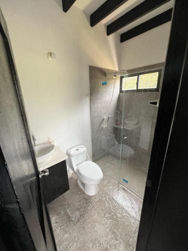 a bathroom with a toilet and a sink and a shower at Finca Oriente Antioqueño -A 40 minutos de Medellín in San Vicente