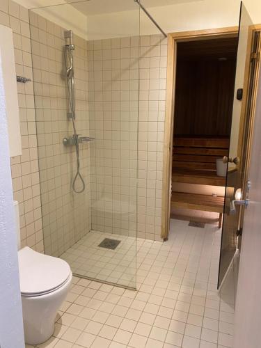 un baño con ducha y WC en YahtClub Apartment, en Kuressaare