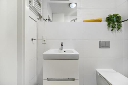 uma casa de banho branca com um lavatório e um espelho em Spacious Apartament in the heart of Poznań em Poznań