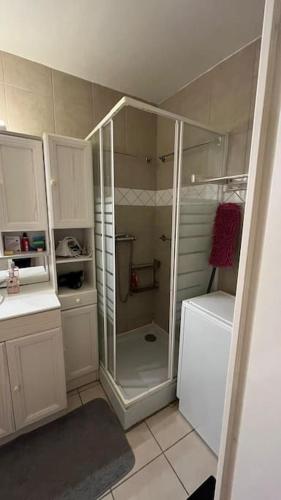 La salle de bains blanche est pourvue d'une douche et d'un réfrigérateur. dans l'établissement Appartement avec deux couchages, à Triel-sur-Seine