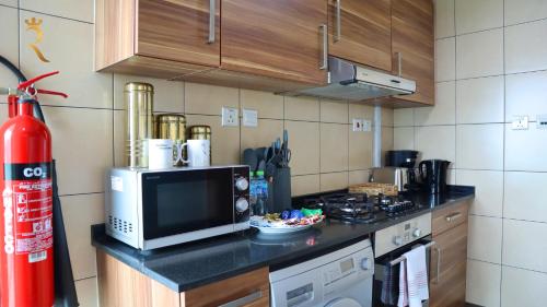 a kitchen with a counter top with a microwave at Modern 1BR Stay - Sleek Chic Cozy Haven in Abu Dhabi