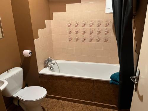 La salle de bains est pourvue de toilettes et d'une baignoire. dans l'établissement Grand studio proche commerces, à Bourbonne-les-Bains