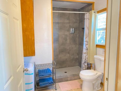 uma casa de banho com um WC e um chuveiro em Blue Horizon Lodge em Big Bear Lake
