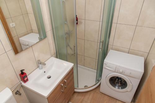 a bathroom with a shower and a washing machine at Apartmaji Tinta in Kanal