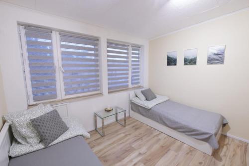 Schlafzimmer mit einem Bett, einem Stuhl und Fenstern in der Unterkunft Sobieszewska Ostoja in Orlinki