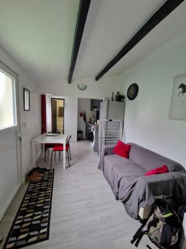 un salon avec un canapé et une table dans l'établissement charmante maisonnette, à Mitry-Mory