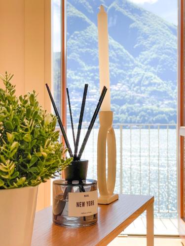 a table with a new way vase and plants on it at Villa Luminosa Laglio - Private Parking, Garden in Laglio