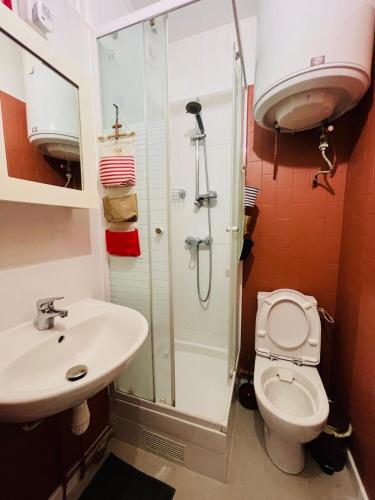 une salle de bain avec une douche, des toilettes et un lavabo dans l'établissement Dream Dwell Paris-artist flat 450m to Mont Martre, à Paris