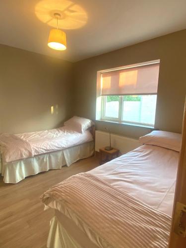 1 dormitorio con 2 camas y ventana en Kilmore Beach Apartment en Tralee