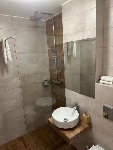 een badkamer met een wastafel en een glazen douche bij Warsaw View Apartment in Warschau